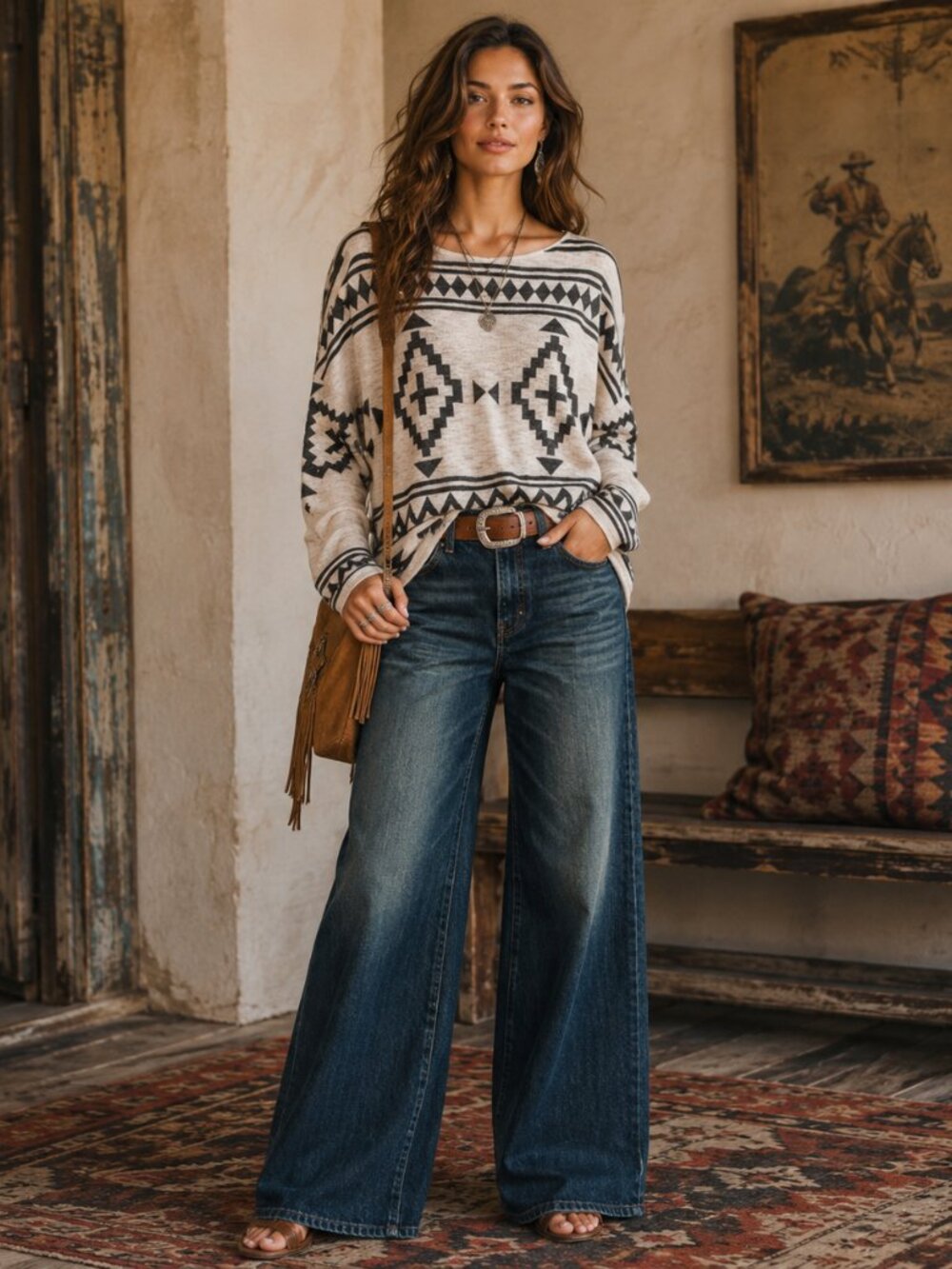 Enti Glamour Aztec Sweater Medium Boho Open Knit Dolman Tribal USA